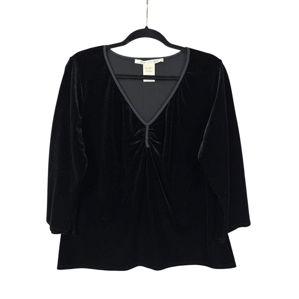 Vintage Max Studio Black Velvet 3 4 Sleeve V Neck Ruched Top XL MADE USA